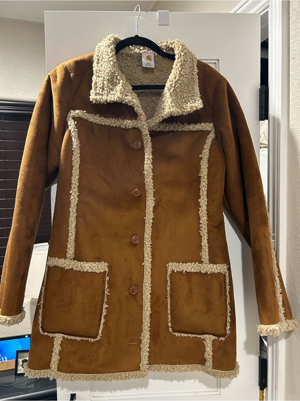 Carhartt Brown Faux-Suede Teddy Jacket with Cream Sherpa Trim